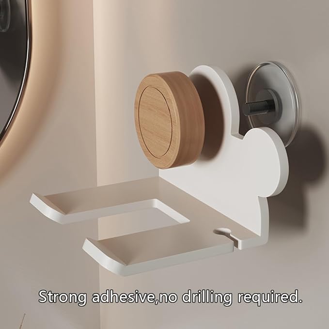 Upgraded Drill-Free Hair Dryer Holder With Hair Tie Organizer- Heavy Duty Double-Stick Tape Wall Mount Organizer for Bathroom, No Drill, Sturdy Carbon Steel Construction, Rust-Resistant (White)