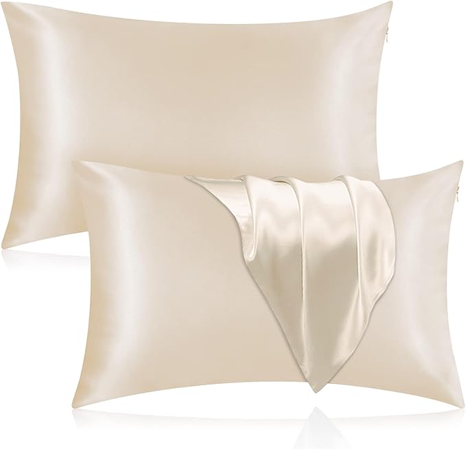 Silk Pillowcase for Hair and Skin, 2 Pack 100% Mulberry Silk Pillowcase 25 Momme, 600 Thread Count, Both Side Pure Silk Pillow Cover with Hidden Zipper (Beige, Queen 20''×30'')
