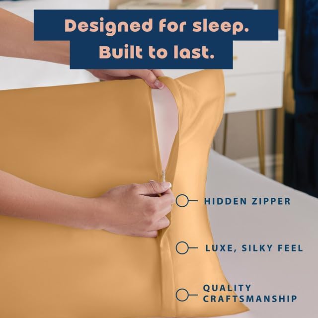 BLISSFORD Satin Pillowcase with Zipper, for Hair and Skin Care, Feels Soft and Cool Like a Silk Pillowcase, Gold Satin Pillow Cases 2 Pack, Slik Pillow Cover, Standard Size - Set of 2