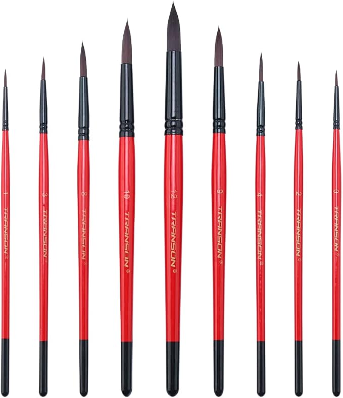 Transon Round Paint Brush Set 9pcs Synthetic Sable Hair for Acrylic Painting Watercolor Painting Gouache Ink Craft and Detail Painting
