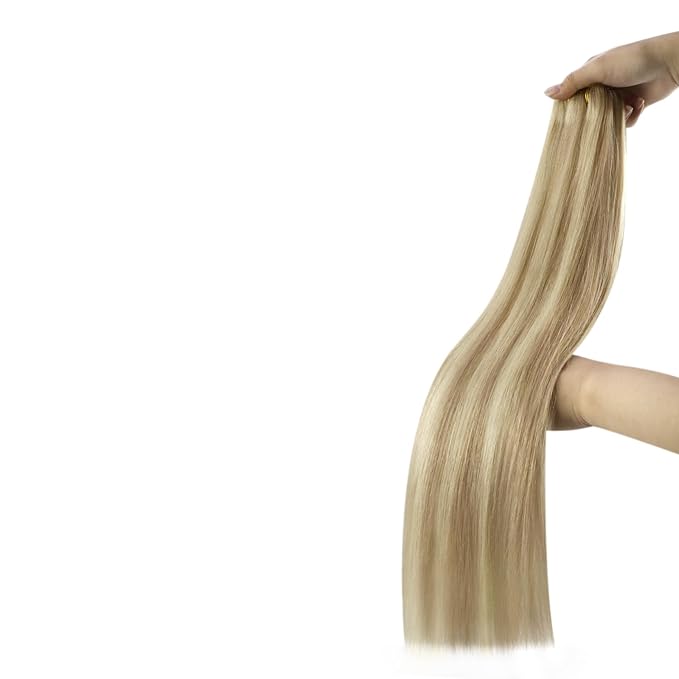 YoungSee Sew in Hair Extensions Real Human Hair Highlight Hair Extensions Weft Dark Ash Blonde Highlighted Light Blonde Full Head Sew in Bundles Human Hair 16Inch 100G