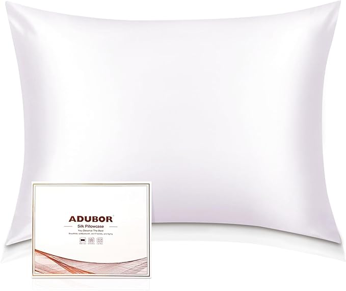 Adubor 100% Silk Pillowcase 2 Pack for Hair and Skin with Hidden Zipper, Both Sides 23 Momme Silk Pillow Case, Standard Size 20×26 inches, White, 2PCS