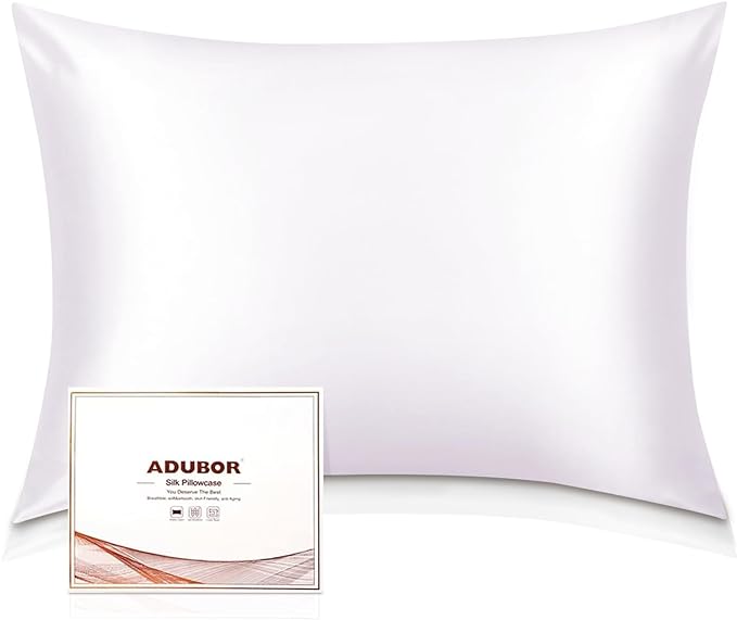 Adubor Silk Pillow Case 2 Pack for Hair and Skin with Hidden Zipper, Both Sides 23 Momme Silk Pillowcase (White, King: 20''X36'')