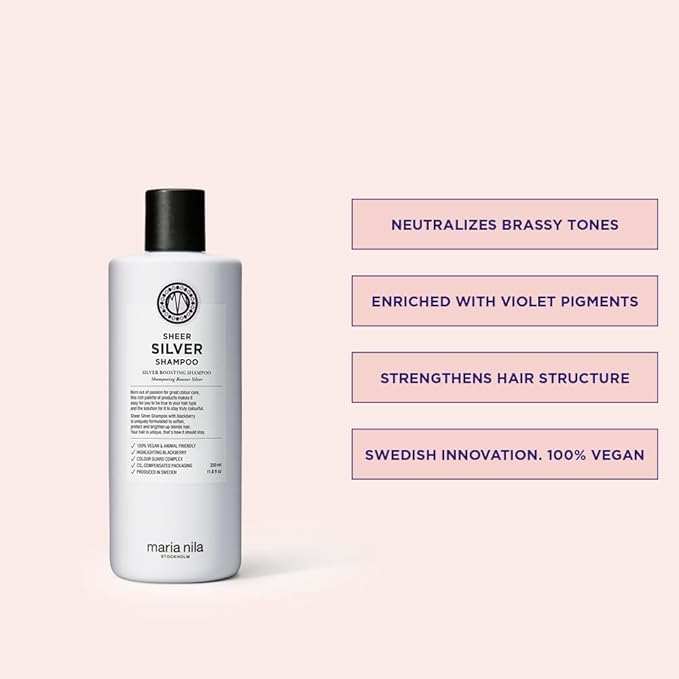 Maria Nila Sheer Silver, Shampoo 11.8 Fl Oz, Neutralizes Golden Shades, Violet Pigments Gives Cool Tone, 100% Vegan & Sulfate/Paraben free