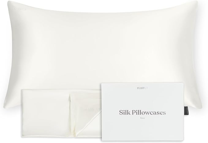 FluffCo 100% Pure Mulberry Silk Pillowcase - King Size | Luxurious Cooling Pillowcase for Hair & Skin Care | 22 Momme Natural Silk Body Pillowcase for Standard US Bedding (White)