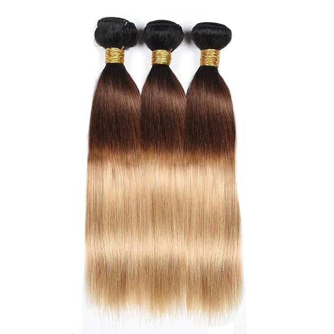 Ombre Bundles Human Hair Brown Straight Bundle Brazilian Virgin Remy Hair 3 Bundles 24 26 28 Inch Niegmeag Double Weft 3 Tone Brown and Honey Blonde Straight Bundle Hair Weave 300g