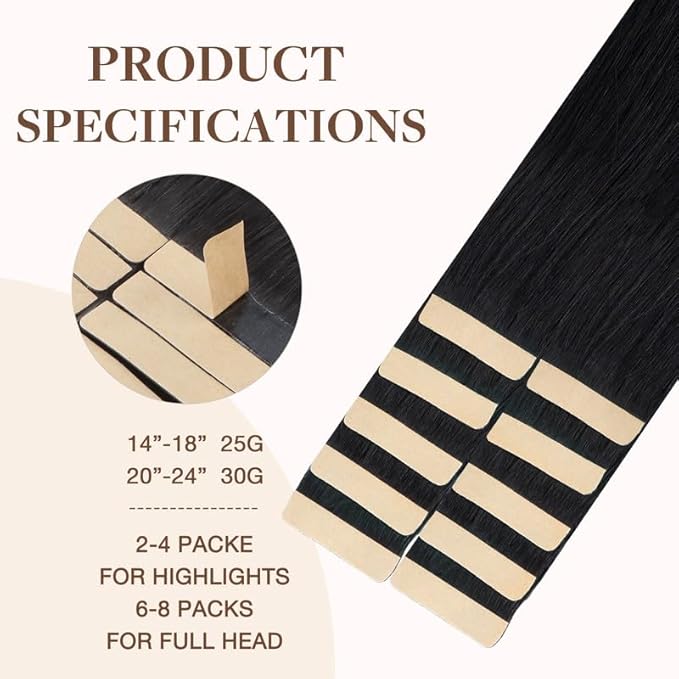 GOO GOO Tape in Hair Extensions Human Hair, 1B Natural black, 18inch 25g 10pcs, Skin Weft Seamless Invisible, Silky Straight with Thick Ends, Remy Human Hair