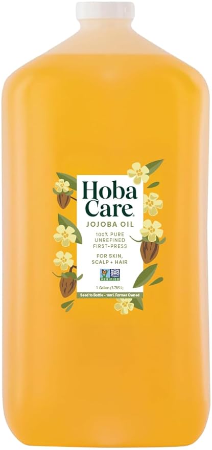 HobaCare Bulk Jojoba Oil - 100% Pure Hexane Free Unrefined Carrier Oil for Soap Making, Hair, Face, Beard, Scalp, Skincare Spa - Natural, Vegan, Long Shelf Life (128 oz Gallon)