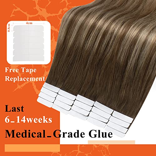 Full Shine Tape in Human Hair Extensions Color 4/24/4 Brown Fading to Blonde and Brown Balayage 20Inch Seamless Invisible Brazilian Tape in Hair Extension for Wedding 20Pcs 50Gram Soft