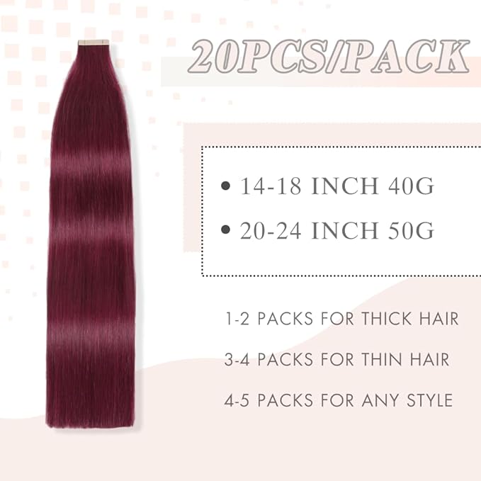 99J# Burgundy 22 Inch 20pcs Seamless Skin Weft Tape in Hair Extensions Straight Double Sided Remy Invisible