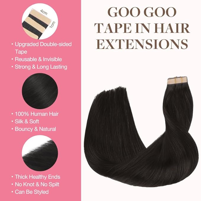 GOO GOO Tape in Hair Extensions Human Hair, 1B Natural black, 18inch 25g 10pcs, Skin Weft Seamless Invisible, Silky Straight with Thick Ends, Remy Human Hair