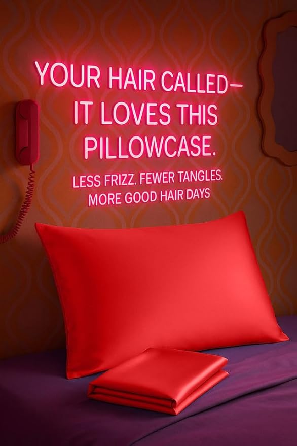BLISSFORD Satin Pillowcase with Zipper, for Hair and Skin Care, Feels Soft and Cool Like a Silk Pillowcase, Red Satin Pillow Cases Set of 2, Slik Pillow Cover, Standard Size - 2 Pack