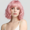 Short Pink Wig with Bangs Natural Looking Hair Wigs for Women Pink Wavy Medium Length Heat-Resistant Synthetic Fiber Hair Water Wave Bob Wig Colorful（14 Inches）