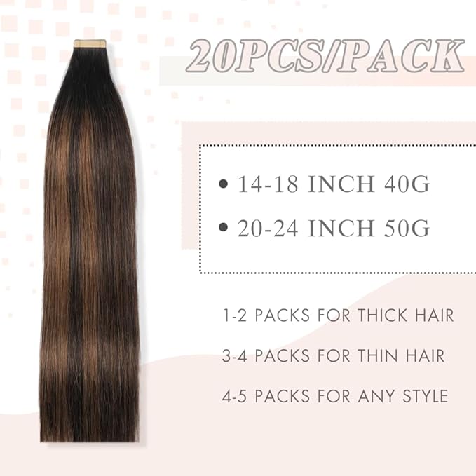 Human Hair Tape in Extensions, Balayage Natural Black Mixed Chestnut Brown Hair Extensions Real Human Hair 14 Inch 20pcs Remy Straight Tape in Hair Extensions Human Hair (1B/1B/6#,14 Inch)