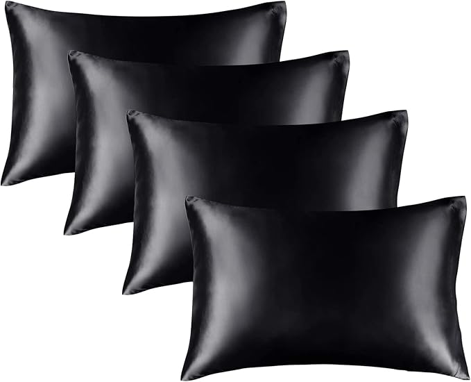 BEDELITE Satin Pillowcase for Hair and Skin, Super Soft Similar to Silk Pillow Cases 4 Pack with Envelope Closure, Cooling Pillowcases for Women Men (20"x36" King Size, Black)