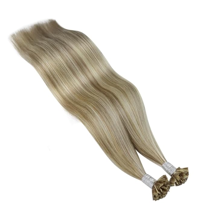 YoungSee K Tip Hair Extensions Light Brown K Tips Human Hair Extensions Highlight Light Brown With Blonde Keratin Hair Extensions U Tip Highlight 16in Hot Fusion Remy Hair Extensions for Women 50s/50g