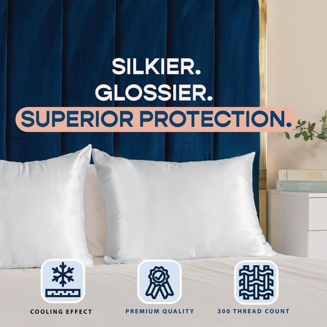 BLISSFORD Satin Pillowcase with Zipper for Hair and Skin Care, Feels Soft and Cool Like a Silk Pillowcase, White Satin Pillow Cases 2 Pack, Slik Pillow Cover, King Size - Set of 2