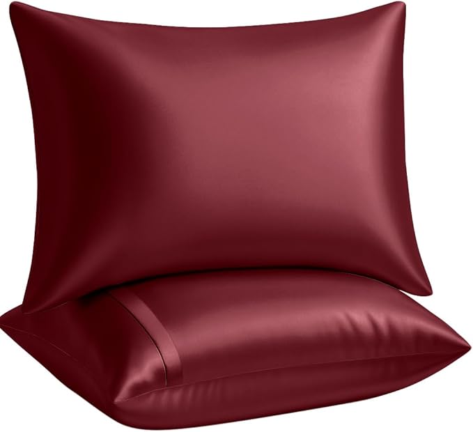 BLISSFORD Satin Pillowcase with Zipper, for Hair and Skin Care, Feels Soft and Cool Like a Silk Pillowcase, Satin Pillow Cases 2 Pack, Slik Pillow Cover, Burgundy, Queen, Set of 2