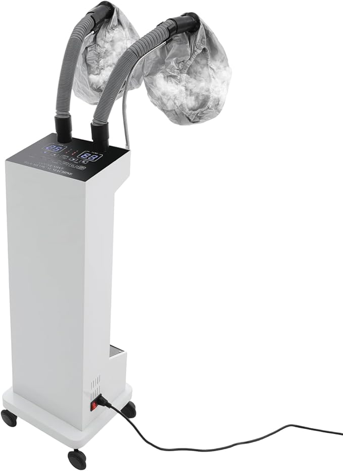 Hair Steamer, 650W Vertical Hair Care Machine with LED Display & 2 Vaporizing Caps Micro Mist Hair Color Processor, 5 Modes, Adjustable Temperature & Timer, Mobile on Wheels (White)