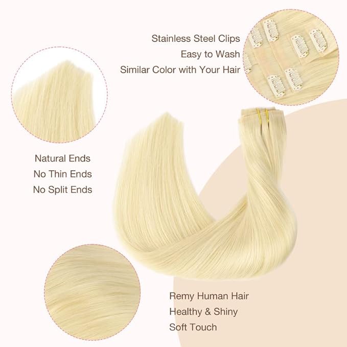 GOO GOO Clip in Hair Extensions Real Human Hair, Remy Human Hair Extensions Clip ins for Women, Natural Human Hair, 14inch 110g 7Pcs, 613R Bleach Blonde