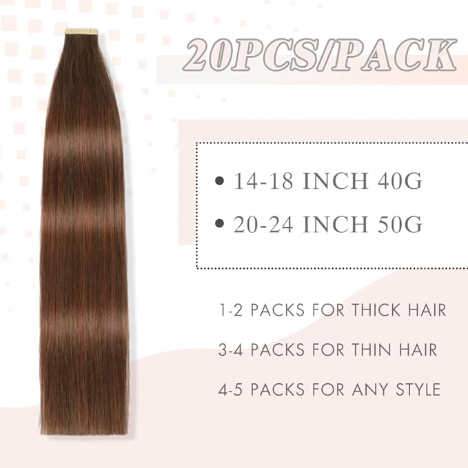 Tape in Hair Extensions Real Human Hair 24 Inch Chestnut Brown Mixed Dark Auburn Double Sided Tape for Skin Weft Hair Extension Invisible Tape in Hair Extensions Human Hair 20pcs (4/4/33#,24 Inch)