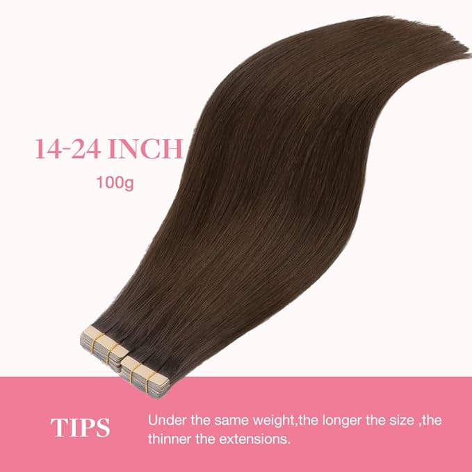 GOO GOO Tape in Hair Extensions Human Hair, 4A Chocolate Brown, 22inch 100g 40pcs, Skin Weft Seamless Invisible, Silky Straight with Thick Ends, Remy Human Hair