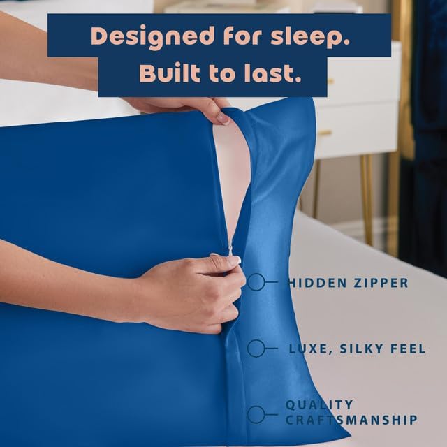 BLISSFORD Royal Blue Satin Pillowcase with Zipper, for Hair and Skin Care, Feels Soft and Cool Like a Silk Pillowcase, Satin Pillow Cases 2 Pack, Slik Pillow Cover, Queen Size - Set of 2