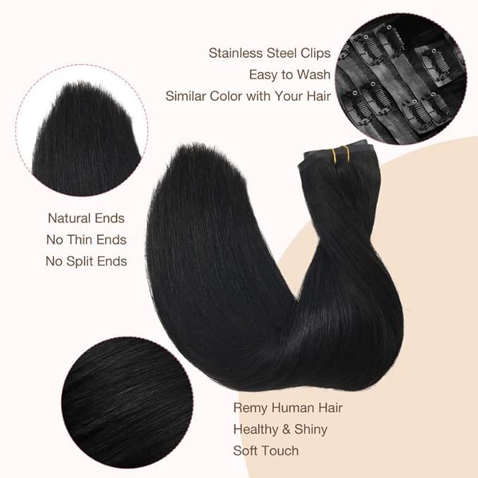 GOO GOO Clip in Hair Extensions Real Human Hair, Remy Human Hair Extensions Clip ins for Women, Natural Human Hair, 20inch 110g 7Pcs, 1 Jet black