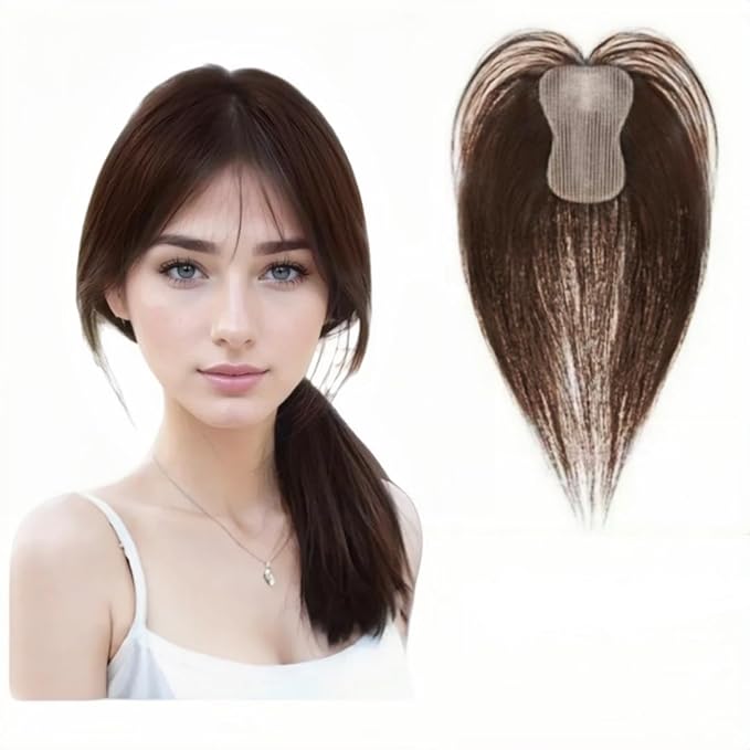 Anemone 100% Real Human Hair Topper No Need Clips Magic Paste Hair Seams 7x10cm Skin Base Fringe Bangs Easy to Wear (Dark Brown Middle Bangs)