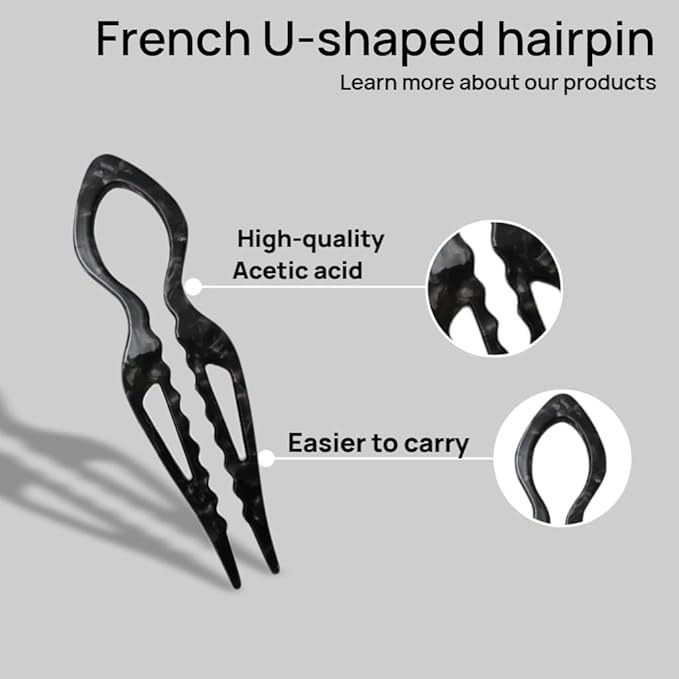 Prestige Hair Pins,French U-Shaped Hair pin 3Pack Elegant Women Hair Accessories Suitable for Thick or Thin Hair (Black, Leopard print, Blue)