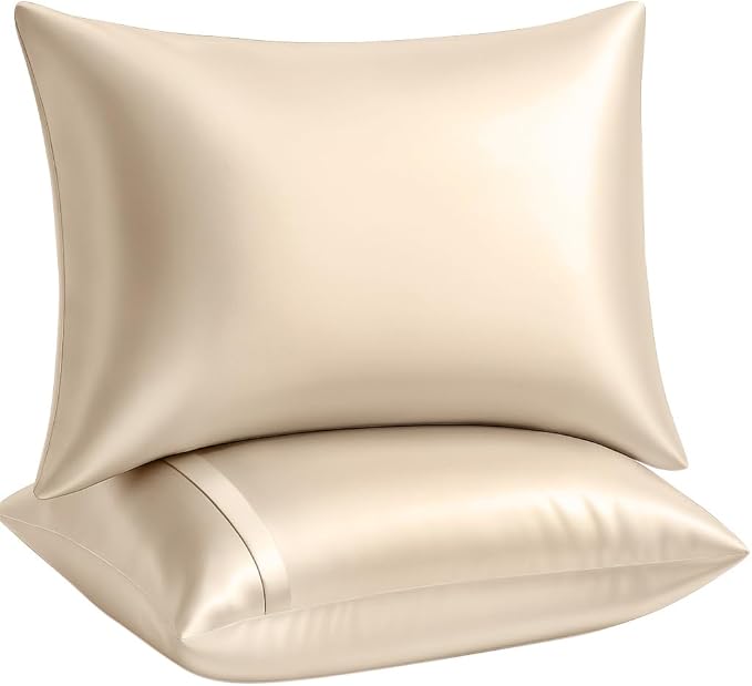 BLISSFORD Satin Pillowcase with Zipper, for Hair and Skin Care, Feels Soft and Cool Like a Silk Pillowcase, Satin Pillow Cases 2 Pack, Slik Pillow Cover, Light Beige - Standard Size, Set of 2