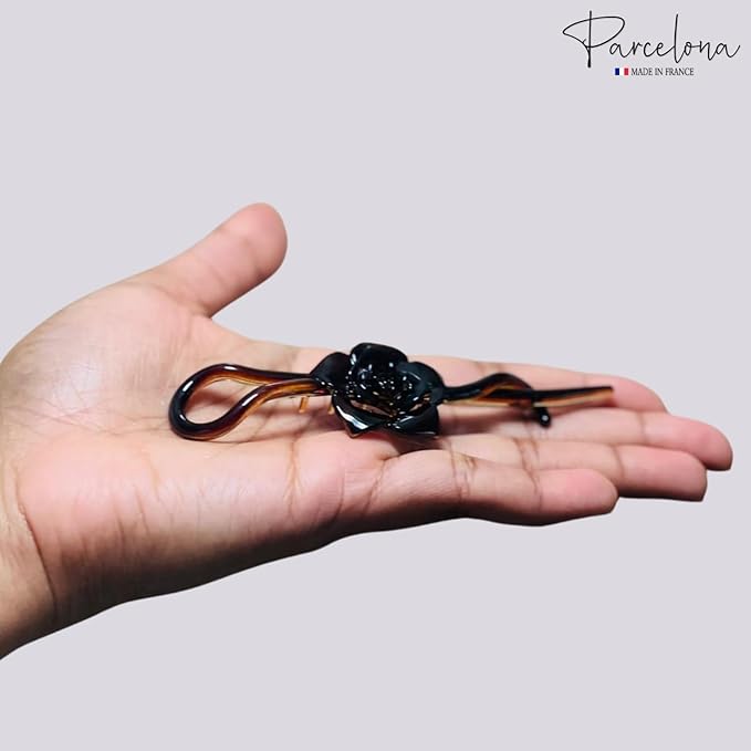 Parcelona French Rose Flower Twist N Clip Set of 2 Cellulose Acetate Shell Hair Clip Barrette 10.5 cm
