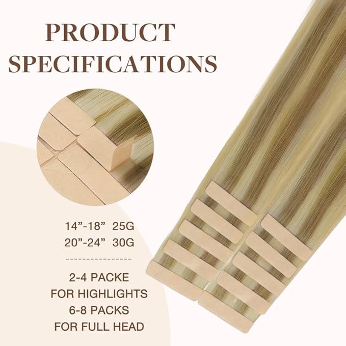 GOO GOO Tape in Hair Extensions Human Hair, 16/22 Light Blonde Highlighted Golden Blonde, 24inch 30g 10pcs, Skin Weft Seamless Invisible, Silky Straight with Thick Ends, Remy Human Hair