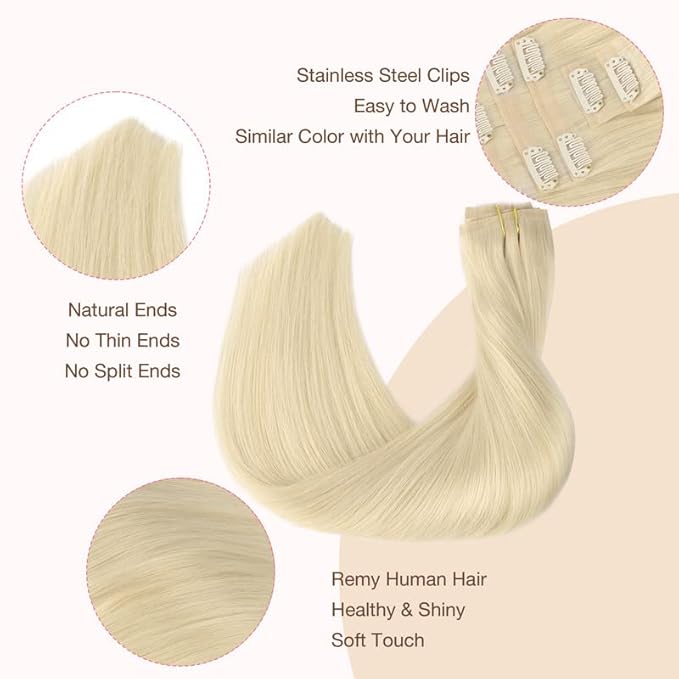 GOO GOO Clip in Hair Extensions Real Human Hair, Remy Human Hair Extensions Clip ins for Women, Natural Human Hair, 14inch 110g 7Pcs, 60A Platinum Blonde
