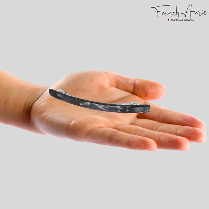 French Amie Long and Thin Large 4" Celluloid Handmade No Slip Durable Hair Barrette Clip for Women, Made in France (Black Nycra)
