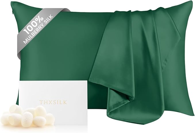 THXSILK 100% Mulberry Silk Pillowcase for Hair and Skin Health, Hidden Zipper, 6A+ Silk Both Sides Smooth, Breathable and Natural, Sleep Pillow Case (Standard 20"x26", Emerald Green)