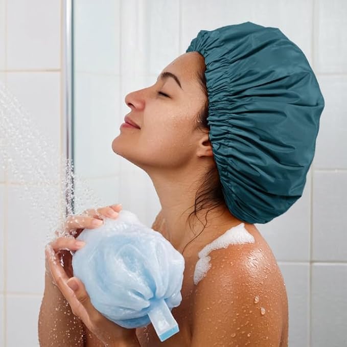 Reusable Shower Cap for Women, Large Waterproof Shower Essentials Bonnet Washable Elastic Band Bath Hair Wrap Hat for Long Hair, Braids(Blue Zircon)