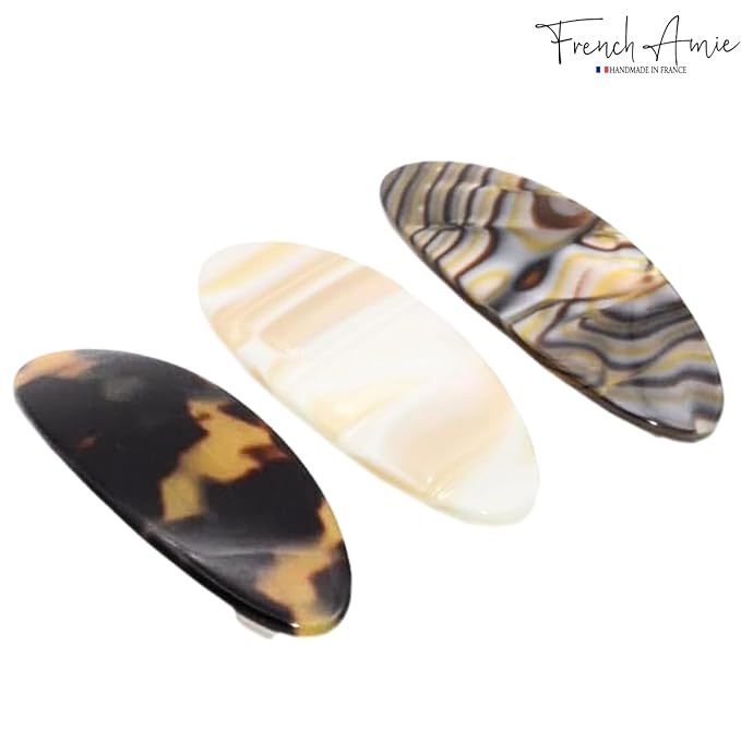 French Amie Oval Mini Silver Grey Onyx Tokyo Ivory Set of 3 Handmade Celluloid Hair Clip Barrette for Girls (2.5 inch)