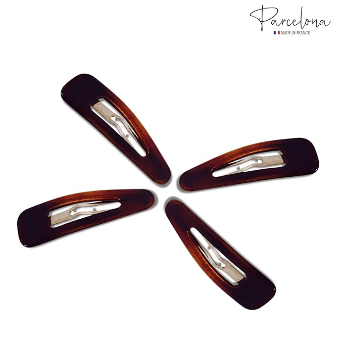 Parcelona French Mini Set of 4 Small Celluloid Acetate Snap Hair Clips No Slip Fashion Durable Styling Women Hair Accessories Girls Snap Hair Barrette, Made in France (Tortoise Shell Brown)