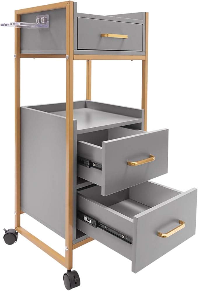 Salon Trolley with Wheels, 3 Drawers Salon Cart with Hair Dryer Holder Utility Salons Cabinet for Tools Storage at Barbershop Beauty Salons Tattoo Shop (Grey)
