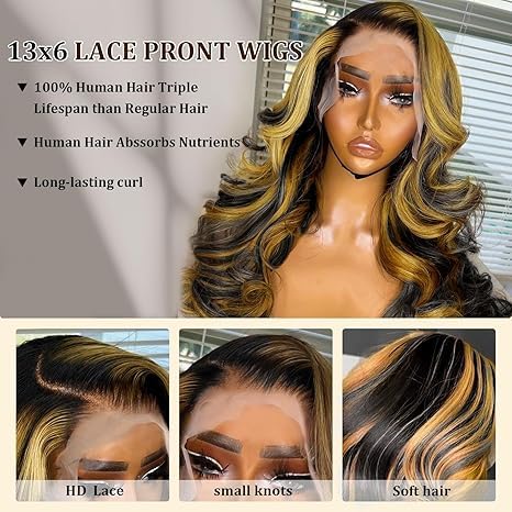 13x6 Ombre Lace Front Wig Human Hair Pre Plucked 200% Density HD Transparent Frontal Human Hair Wigs for Women Bleached Knots with 1b/27 Color Baby Hair 26inch