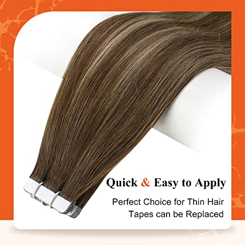 Full Shine Tape in Human Hair Extensions Color 4/24/4 Brown Fading to Blonde and Brown Balayage 20Inch Seamless Invisible Brazilian Tape in Hair Extension for Wedding 20Pcs 50Gram Soft