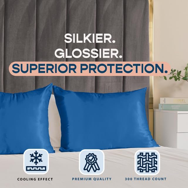 BLISSFORD Royal Blue Satin Pillowcase with Zipper, for Hair and Skin Care, Feels Soft and Cool Like a Silk Pillowcase, Satin Pillow Cases 2 Pack, Slik Pillow Cover, King Size - Set of 2