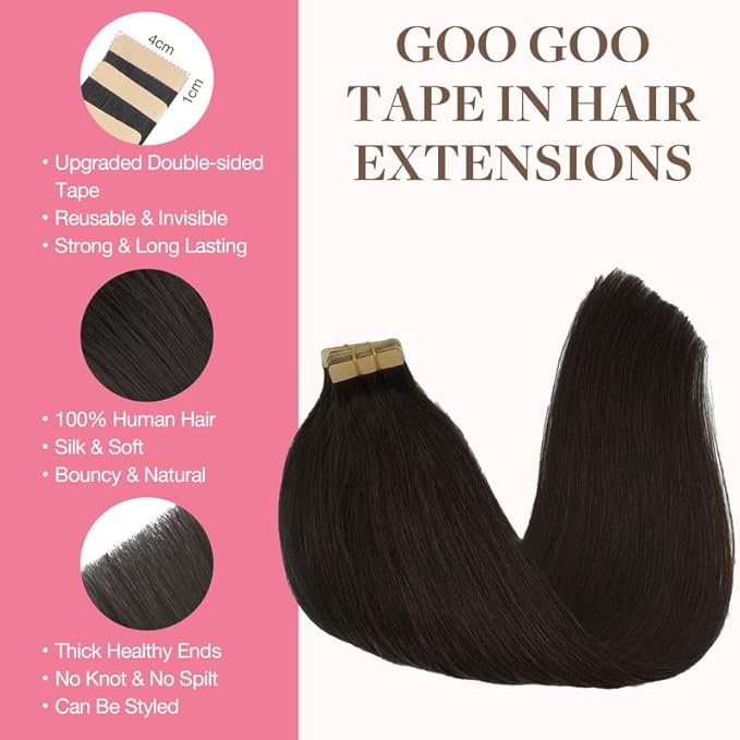 GOO GOO Tape in Hair Extensions Human Hair, 2 Dark Brown, 20inch 100g 40pcs, Skin Weft Seamless Invisible, Silky Straight with Thick Ends, Remy Human Hair