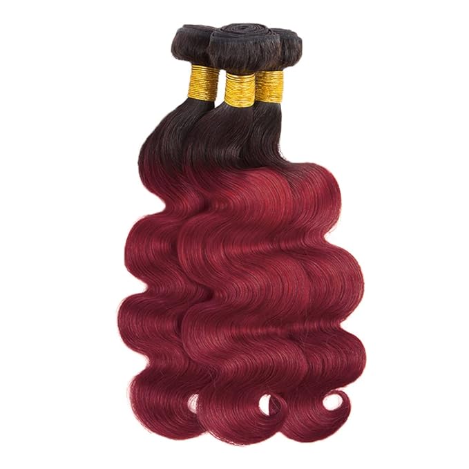 Ombre Human Hair Bundles 1B99J Body Wave Bundle Niegmeag Brazilian Virgin Remy Hair 3 Bundles 14 16 18 Inch 2 Tone Black and Burgundy Bundle 150g