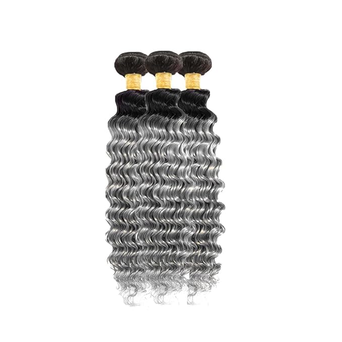 30 32 34 Inch Ombre Bundles Human Hair Grey Deep Wave Bundle Brazilian Virgin Remy Hair Extensions Double Weft 2 Tone Black and Silver Deep Wave Bundle Hair Weave 300g