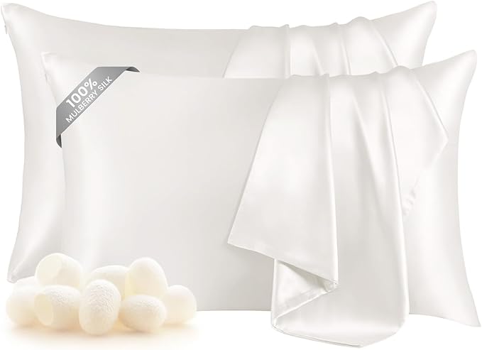 THXSILK Set of 2 100% Pure Mulberry Silk Pillowcases for Hair and Skin - Upgraded Real Grade 6A+ Mulberry Silk - Durable, Soft and Anti-Aging Silk Pillow Cases (King 20"x36", White)