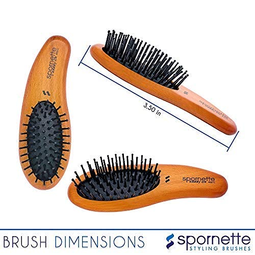 Spornette Carry On Wooden Handle Oval Cushion Mini Hair Brush #30-C Travel Size Brush Fits in Purse or Carry-On Bag for Quick Brush Outs, Detangling, Styling, Smoothing Thick, Normal & Thin Hair