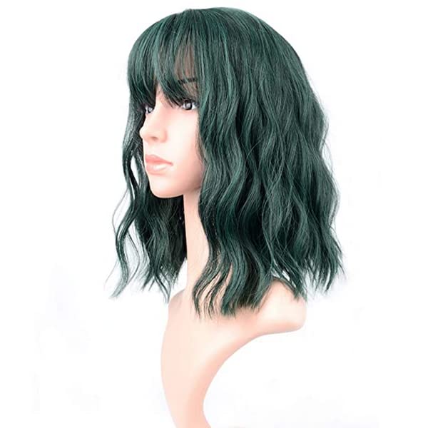 FAELBATY Short Green Wigs With Air Bangs Shoulder Length Bob Wig For Women Curly Wavy Synthetic Cosplay Wig for Girl (12" Dark Green)