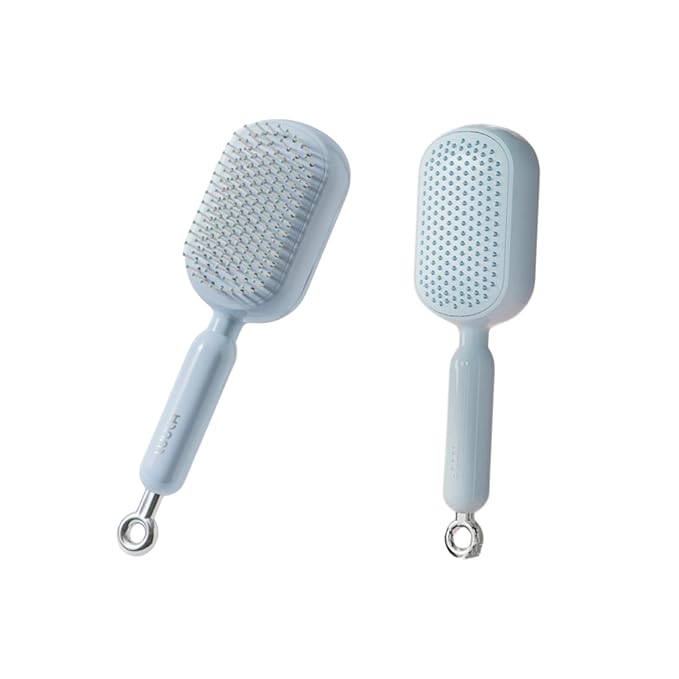 Self-Cleaning Air Cushion Comb – with Portable Travel Design, Features retractable, easy to clean, Ergonomic Pull Ring air cushion massage comb, for Detangling Thick/Curly Hair, Gift for Women (Blue)
